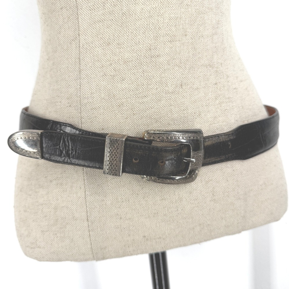 Vintage Onyx 1993 Black Leather Western Belt Engraved Silver Hardware Size 38